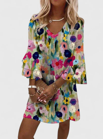 Women's V-Neck Floral Mini Dress - VibreMode