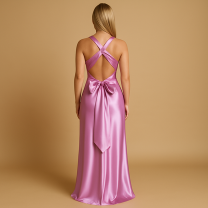 Women’s satin halter neck evening dress with a fitted silhouette, perfect for weddings, formal events, and elegant evening occasions.
