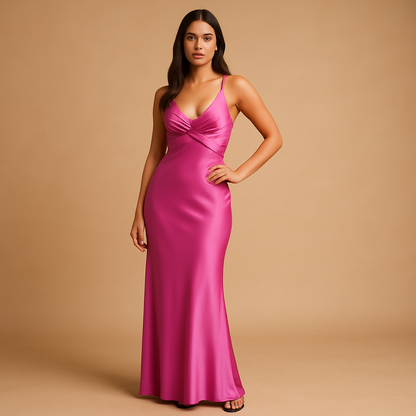 Women’s satin halter neck evening dress with a fitted silhouette, perfect for weddings, formal events, and elegant evening occasions.