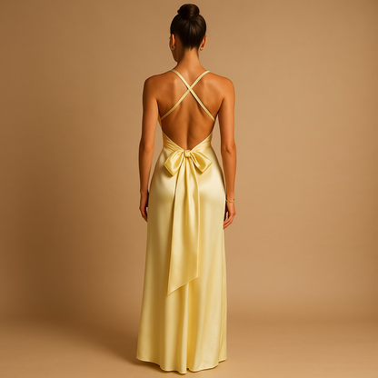 Women’s satin halter neck evening dress with a fitted silhouette, perfect for weddings, formal events, and elegant evening occasions.
