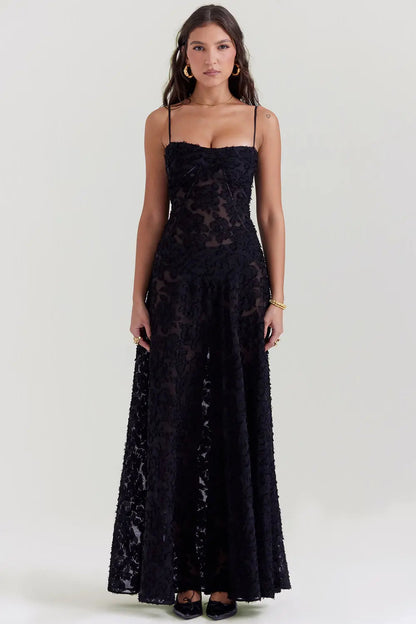 Women's Maxi Dress Fitted Bodice Flared Hem - VibreMode