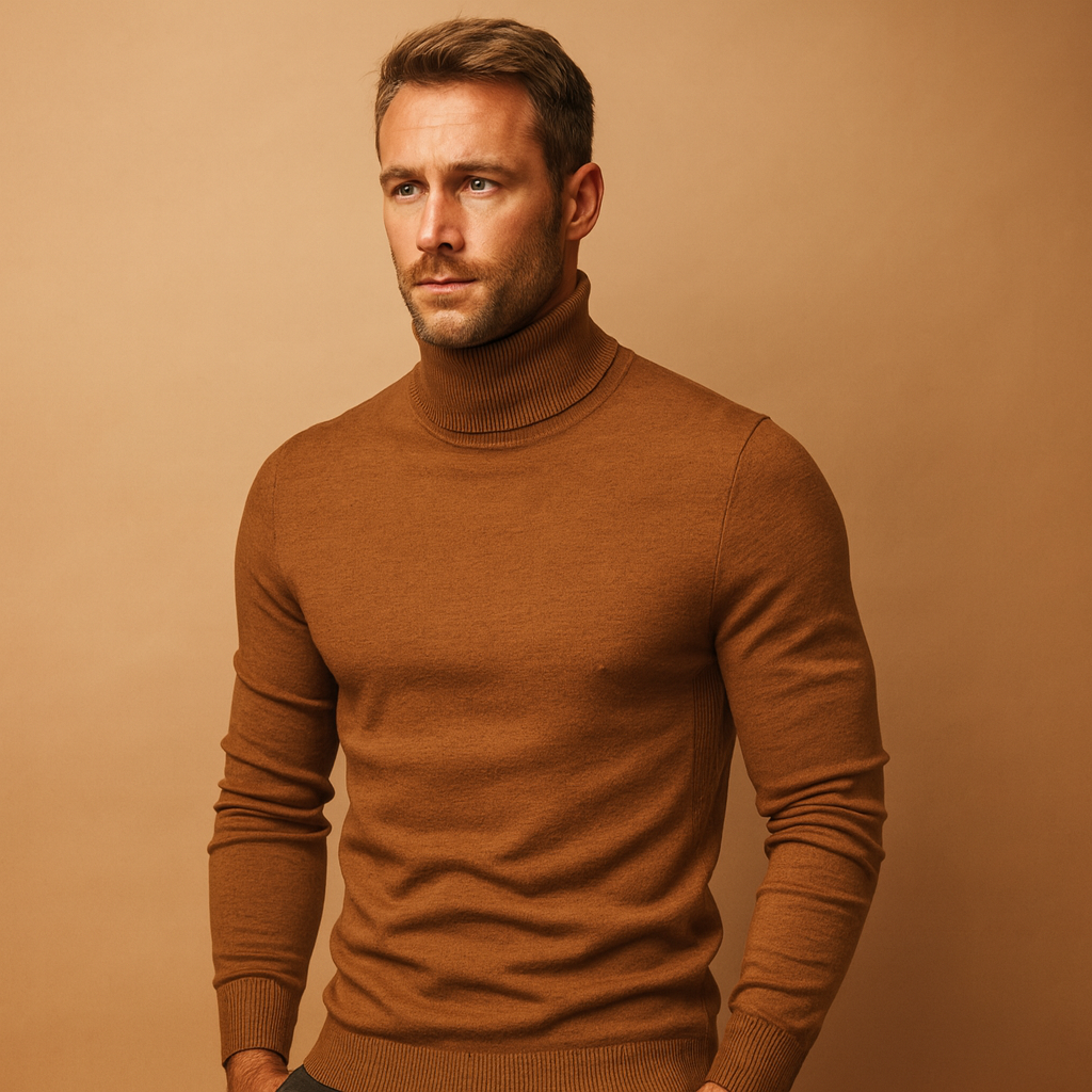 Men’s slim-fit turtleneck sweater with soft fabric and classic design, ideal for autumn and winter casual, work, or formal outfits.