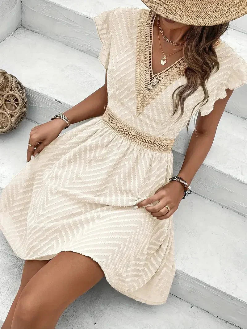Women's V-Neck Mini Dress Flutter Sleeves Chevron Pattern
