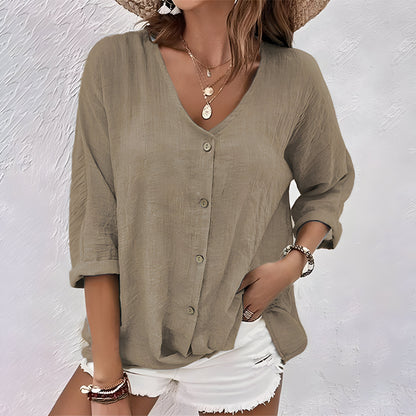 Women's V-Neck Blouse Three-Quarter Sleeves Curved Hem