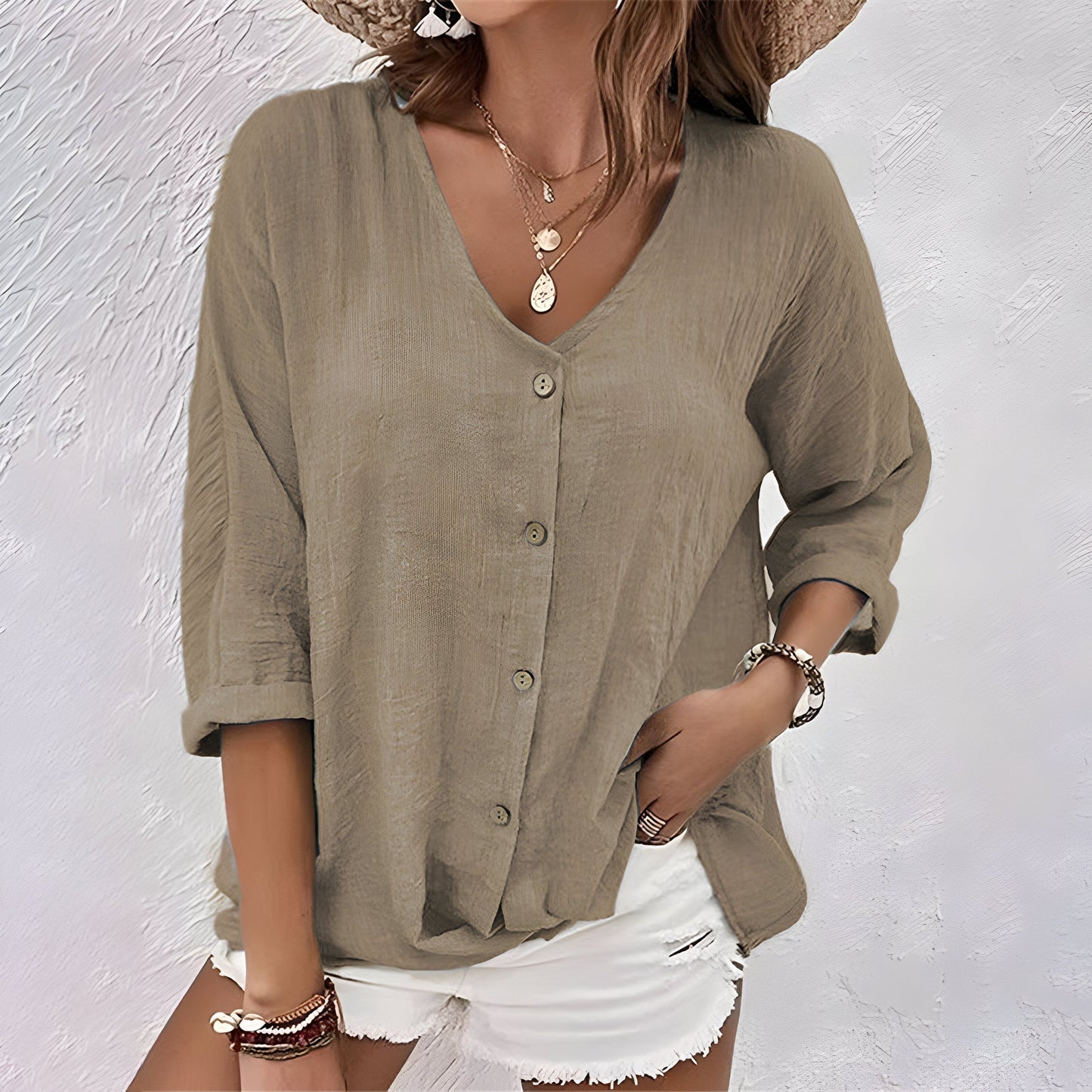 Women's V-Neck Blouse Full Button Front