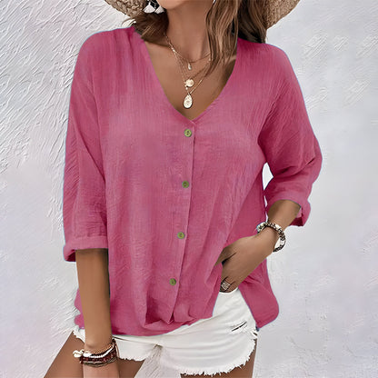 Women's V-Neck Blouse Three-Quarter Sleeves Curved Hem