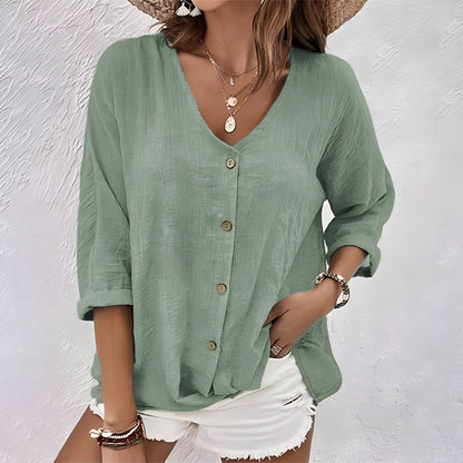 Women's V-Neck Button Front Blouse - VibreMode
