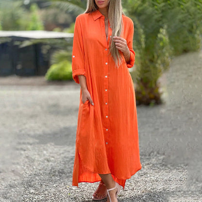 Women's Maxi Shirt Dress Cotton Button-Down
