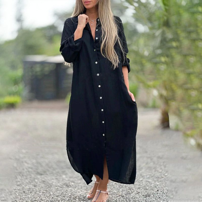 Women's Maxi Shirt Dress Cotton Button-Down