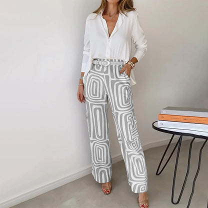 Women's Two Piece Set Button Front Blouse Wide Leg Pants