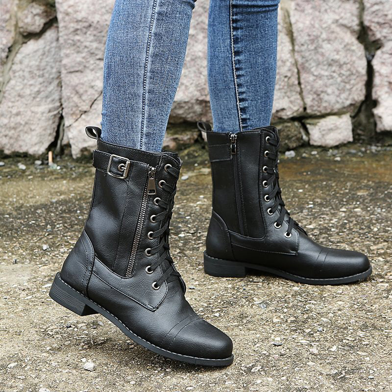 Women's Mid-Calf Boots Lace-Up Leather Brown