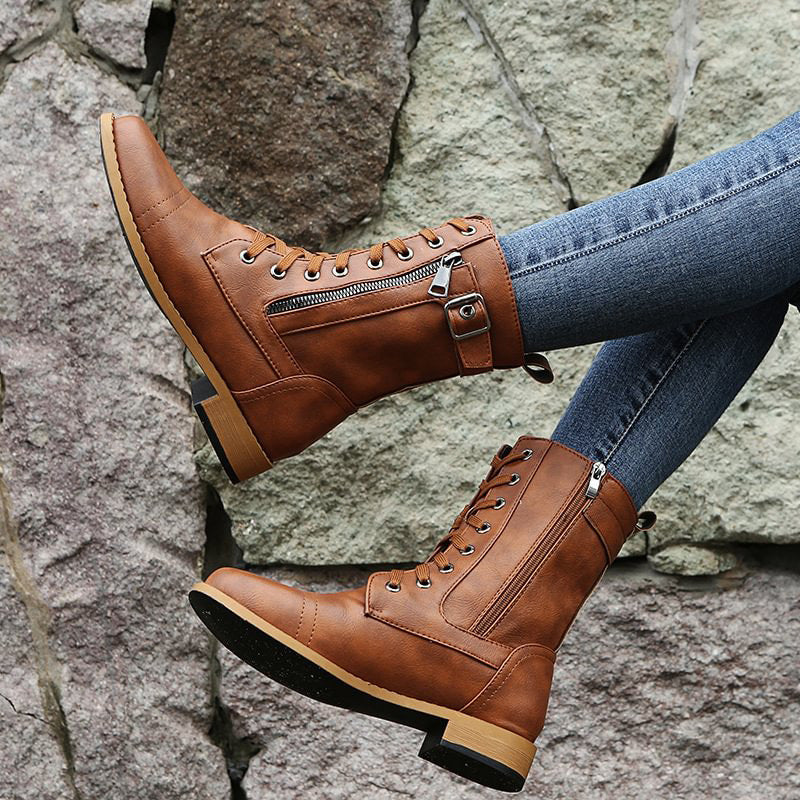 Women's Mid-Calf Boots Lace-Up Leather Brown