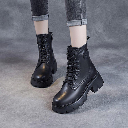 Women's Lace Up Mid Ankle Boots Chunky Sole