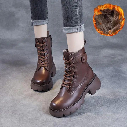Women's Lace Up Mid Ankle Boots Chunky Sole
