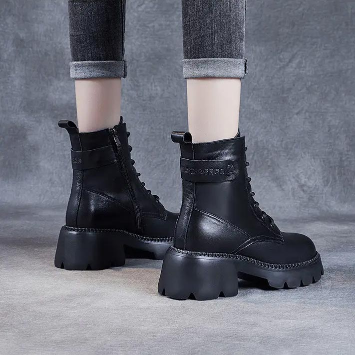 Women's Lace Up Mid Ankle Boots Chunky Sole - VibreMode
