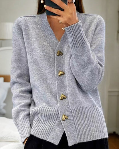 Women's V-Neck Cardigan Heart Button