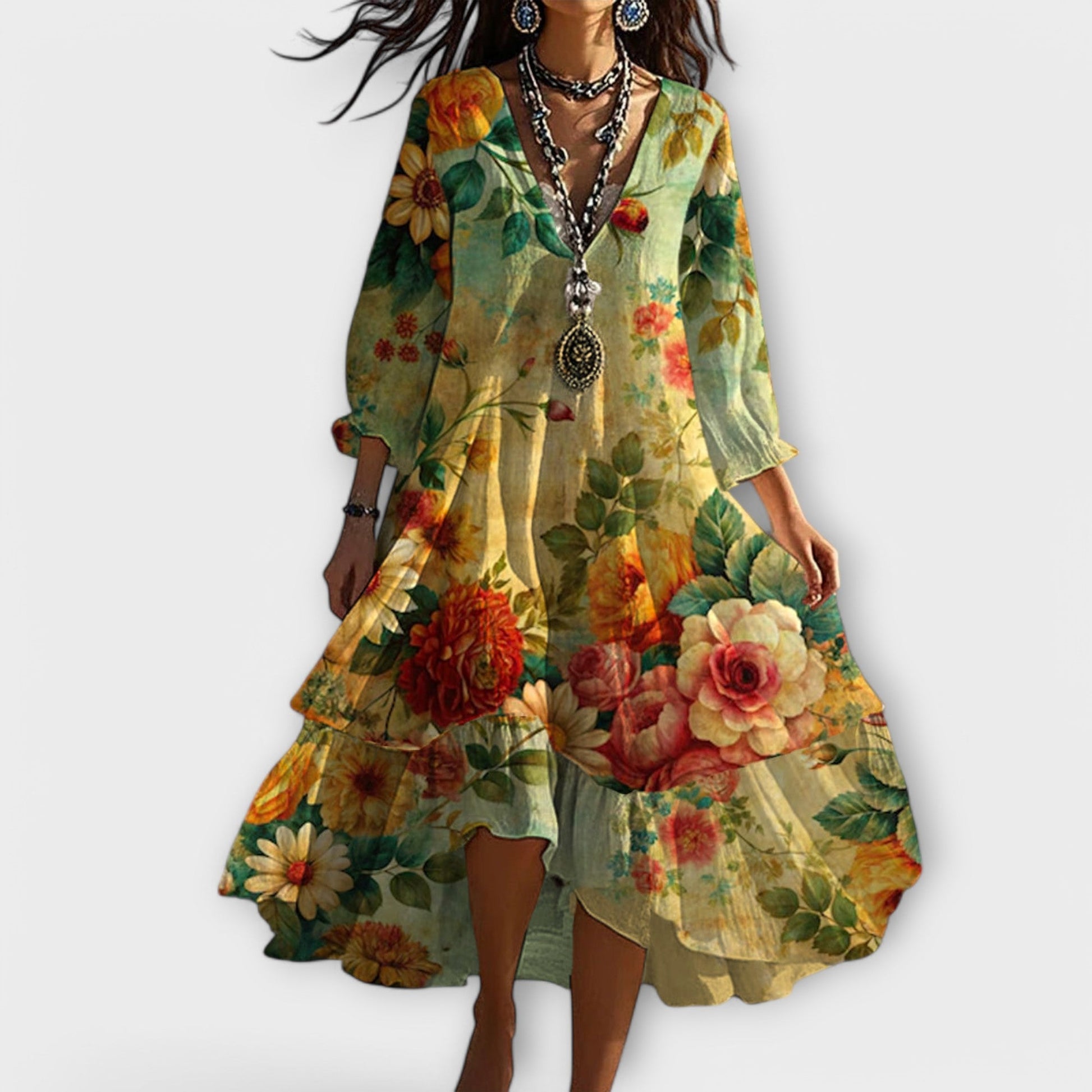 Women's Floral Maxi Dress V-Neck Three-Quarter Sleeves - VibreMode
