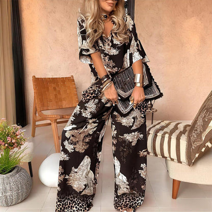 Women's Printed V-Neck And Pants Set - VibreMode