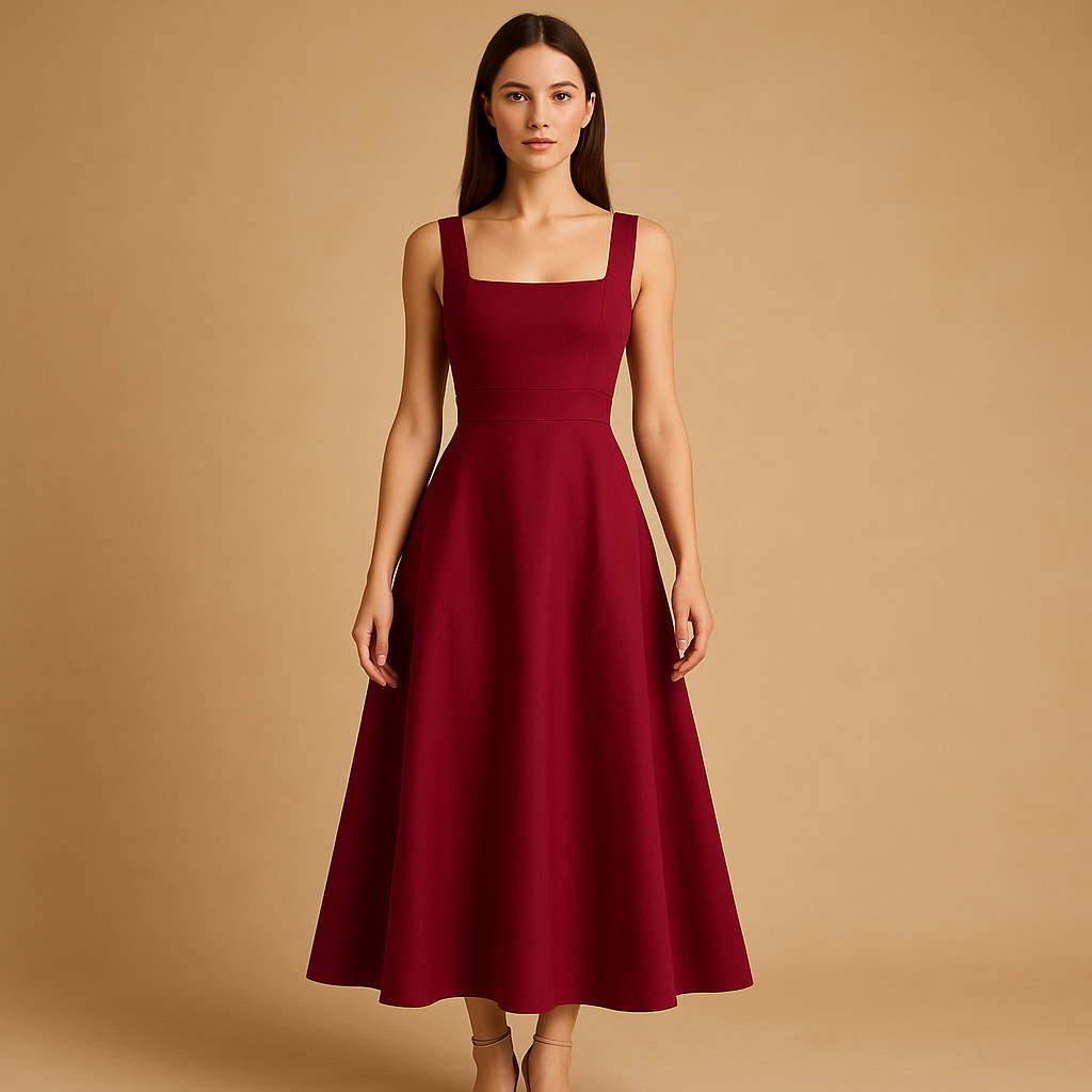 Women’s square neck midi dress with wide straps and elastic waist, perfect for weddings, parties, and casual elegant occasions.