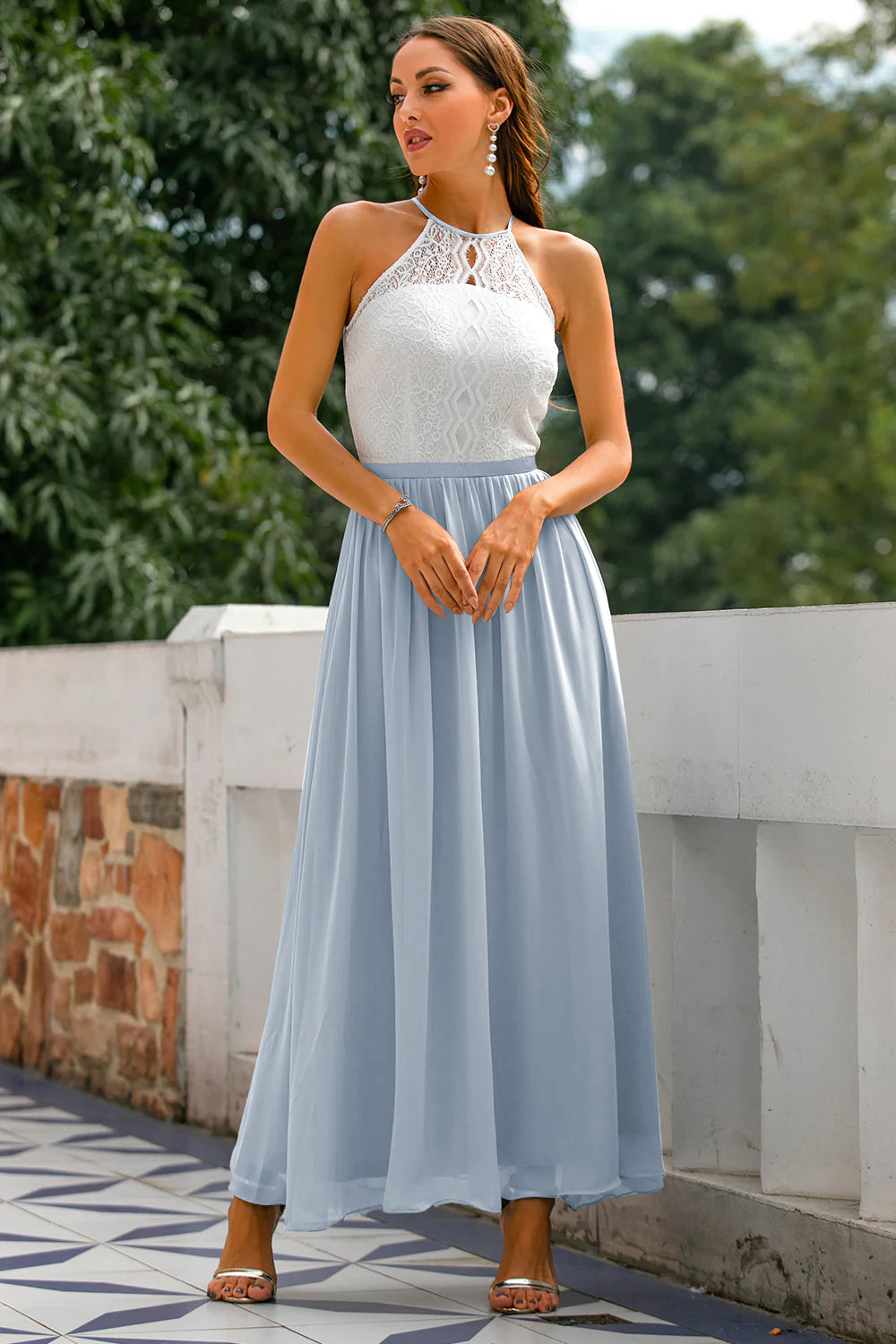 Women's Sleeveless Maxi Dress Lace Bodice Color Block