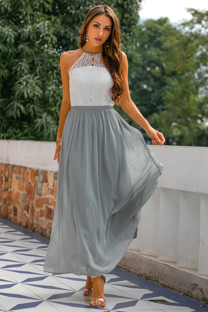 Women's Sleeveless Maxi Dress Lace Bodice Color Block