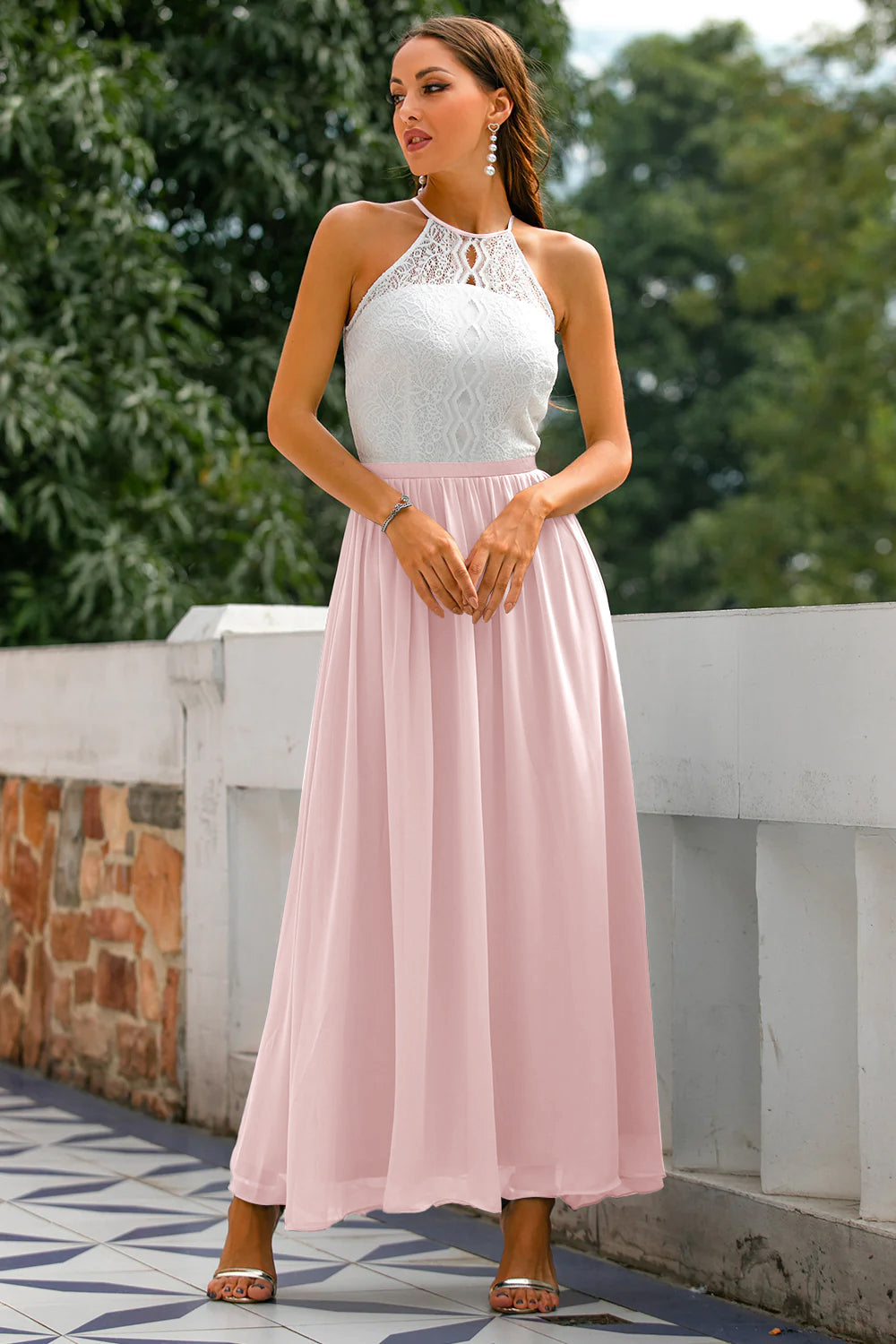 Women's Sleeveless Maxi Dress Lace Bodice Color Block