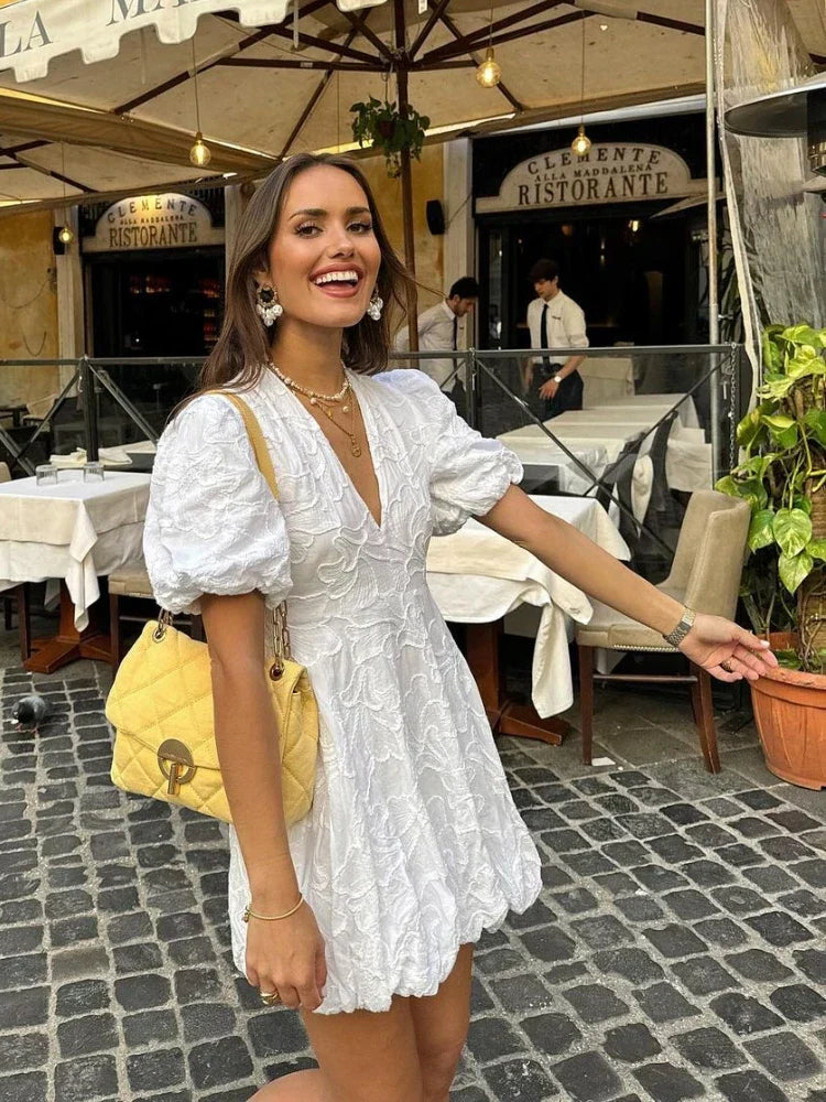 Women's V-Neck Mini Dress Puff Sleeves - VibreMode