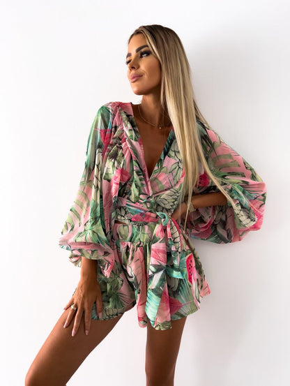 Women's Tropical Print Two-Piece Wrap Set - VibreMode