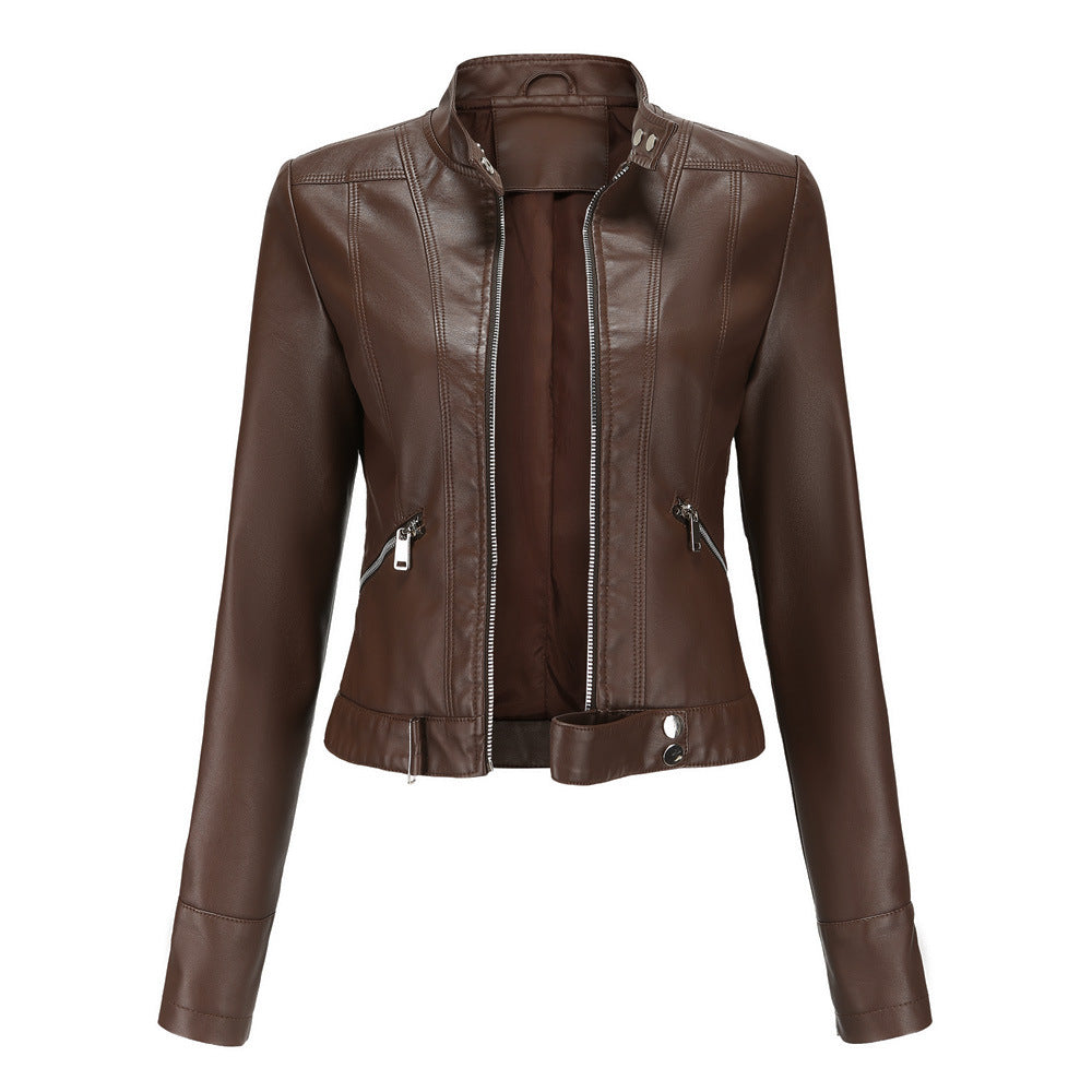 Women's Leather Jacket Zip Closure High Collar Adjustable Belt