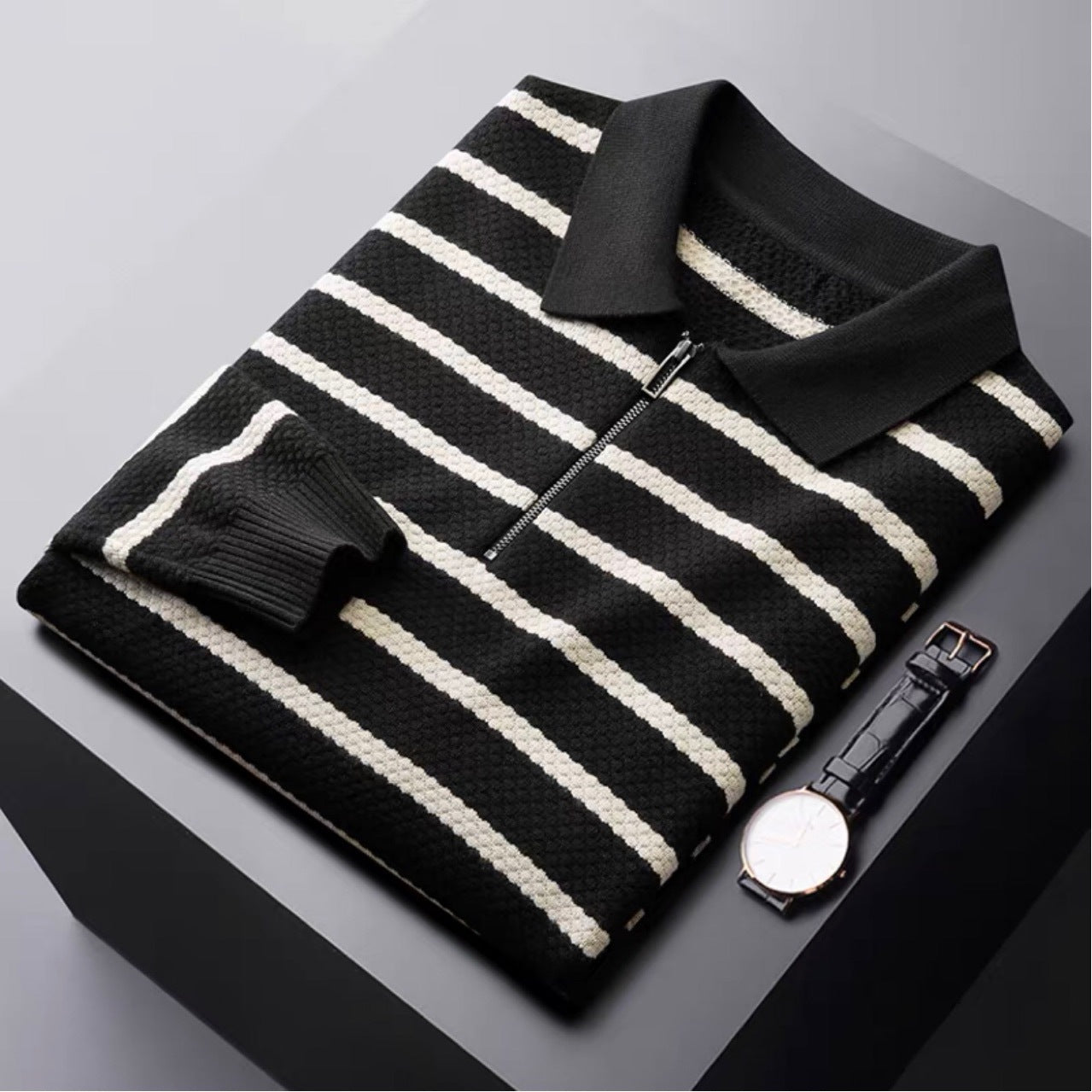 Men's Striped Polo Shirt Zip Front - VibreMode