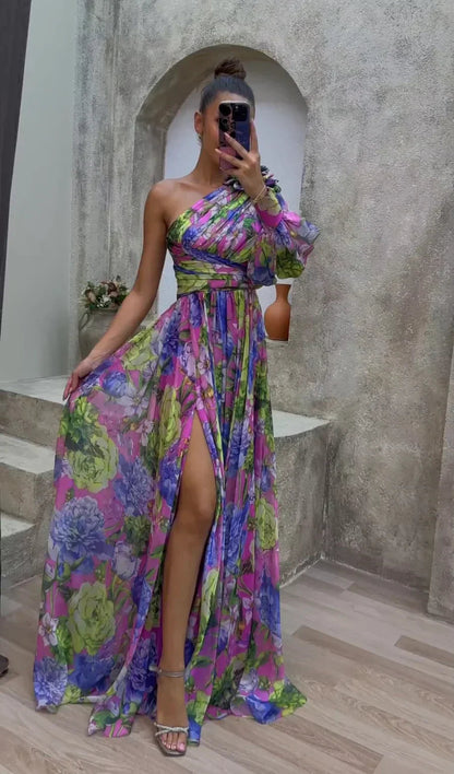 Women's Floral Maxi Dress One Shoulder - VibreMode