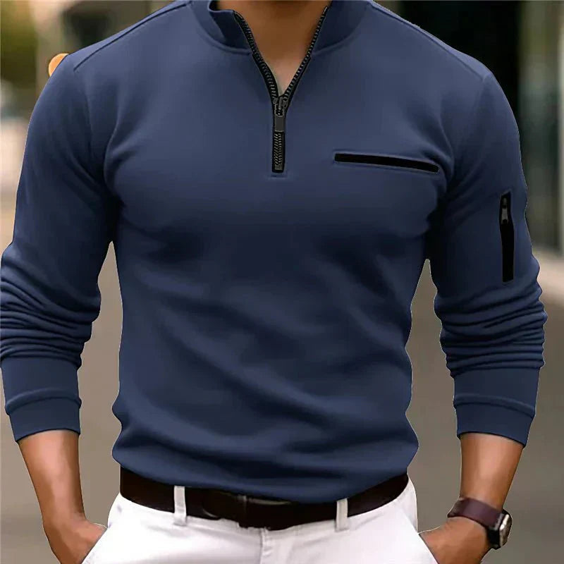 Men's Zip-Up Sweater Cotton Chest Pocket