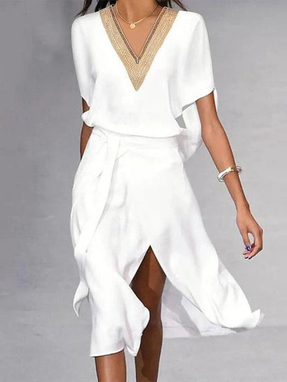 Women's Midi Wrap Dress Embroidered V-Neck Short Sleeves - VibreMode