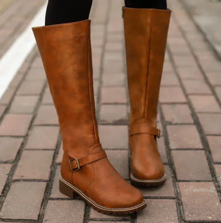 Women's Knee High Boots Buckle Strap Low Heel Black