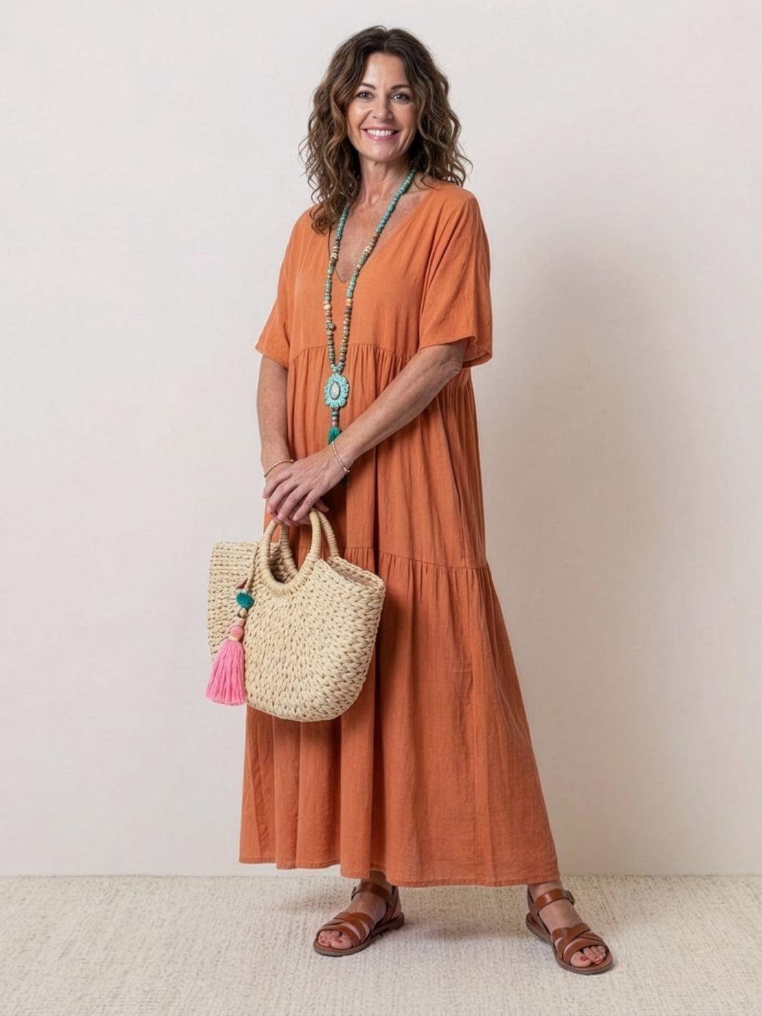 Women's V-Neck Maxi Dress Short Sleeves - VibreMode