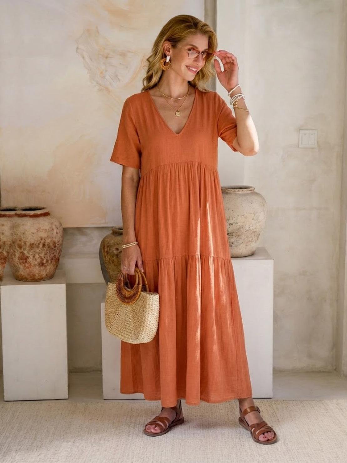 Flowy V-Neck Maxi Dress for Women with Short Sleeves