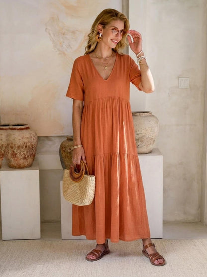 Women's V-Neck Maxi Dress Short Sleeves