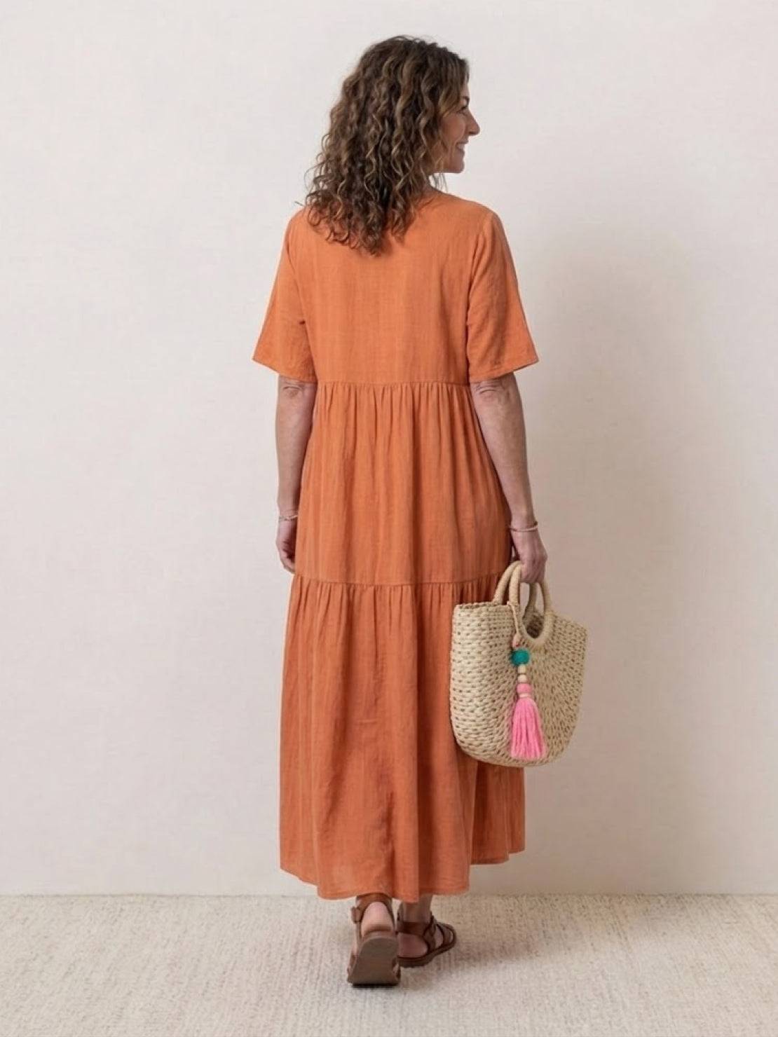Flowy V-Neck Maxi Dress for Women with Short Sleeves