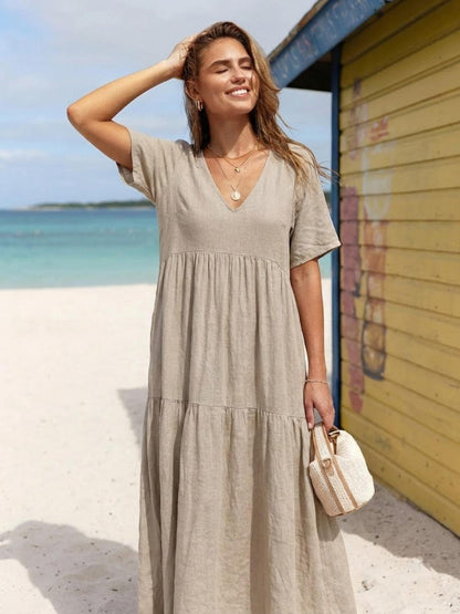 Women's V-Neck Maxi Dress Short Sleeves