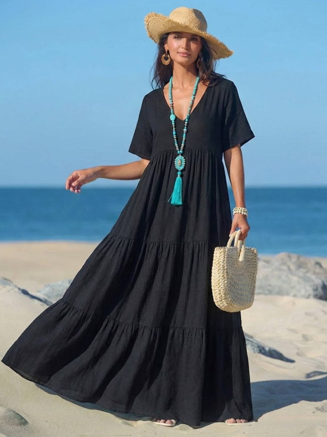 Women's V-Neck Maxi Dress Short Sleeves