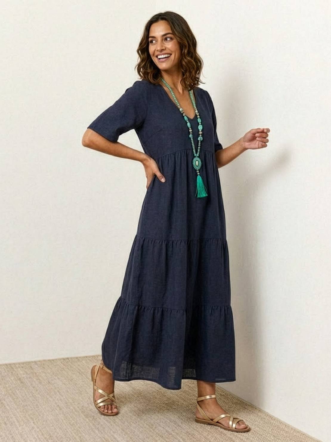 Women's V-Neck Maxi Dress Short Sleeves