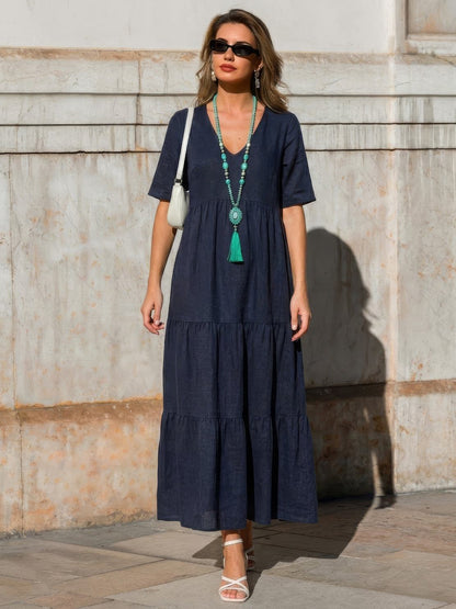 Women's V-Neck Maxi Dress Short Sleeves