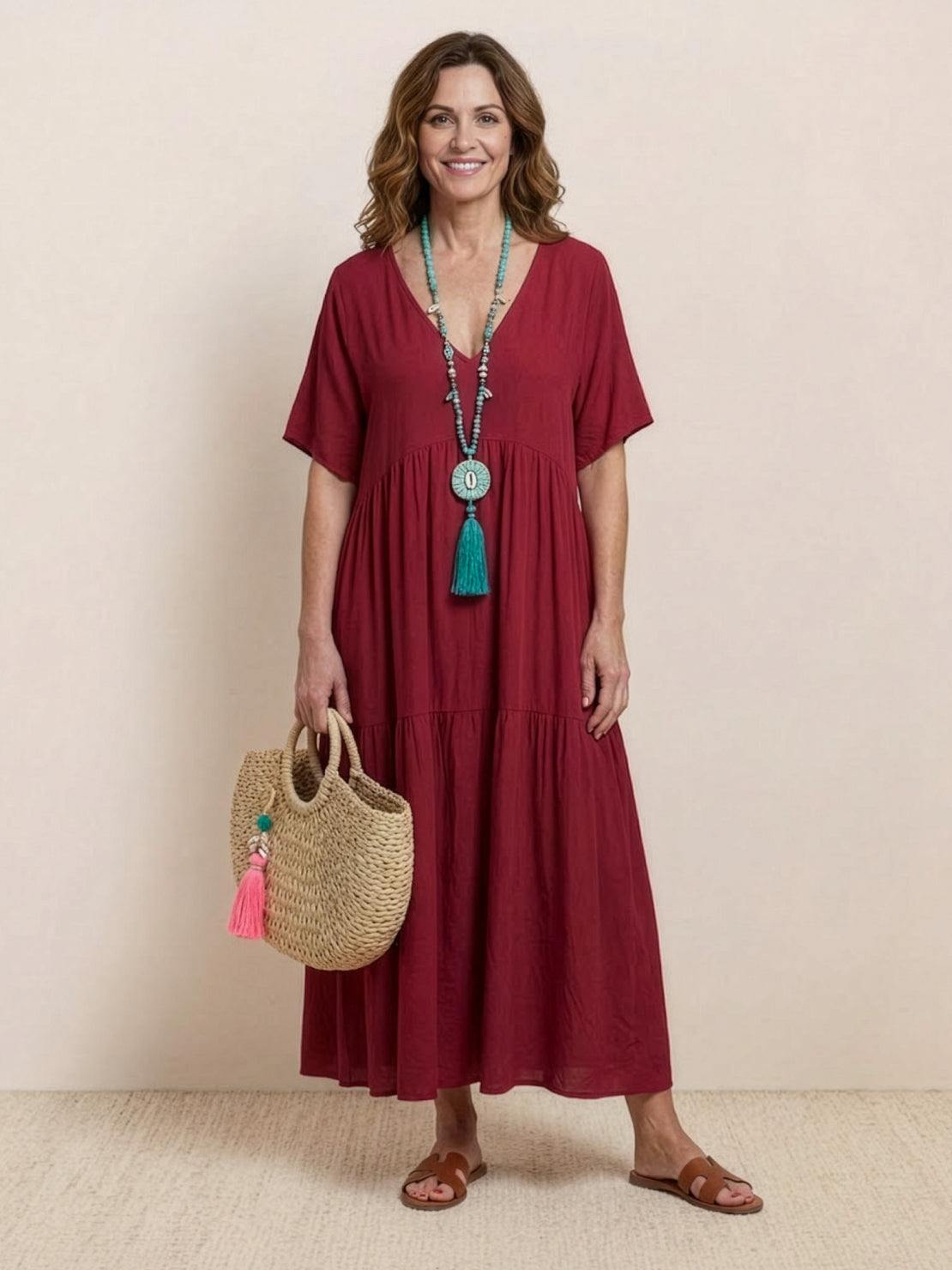 Women's V-Neck Maxi Dress Short Sleeves