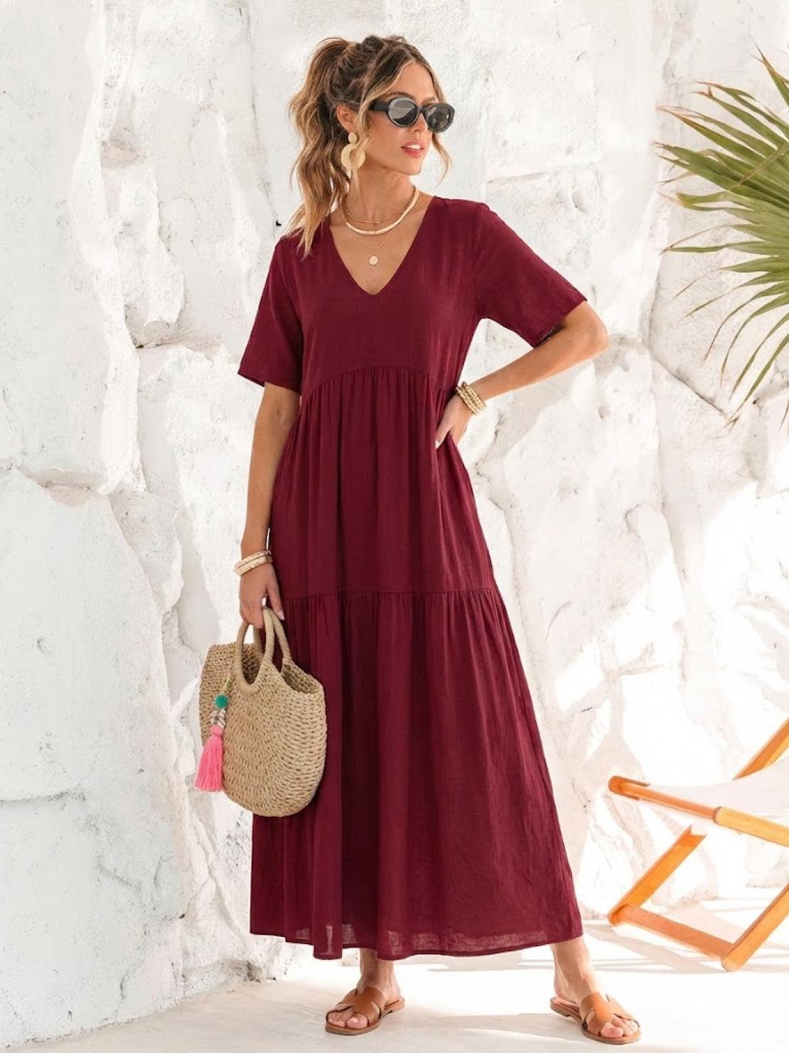 Women's V-Neck Maxi Dress Short Sleeves