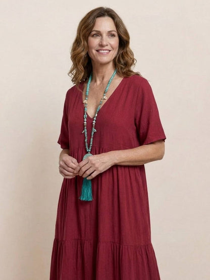 Flowy V-Neck Maxi Dress for Women with Short Sleeves