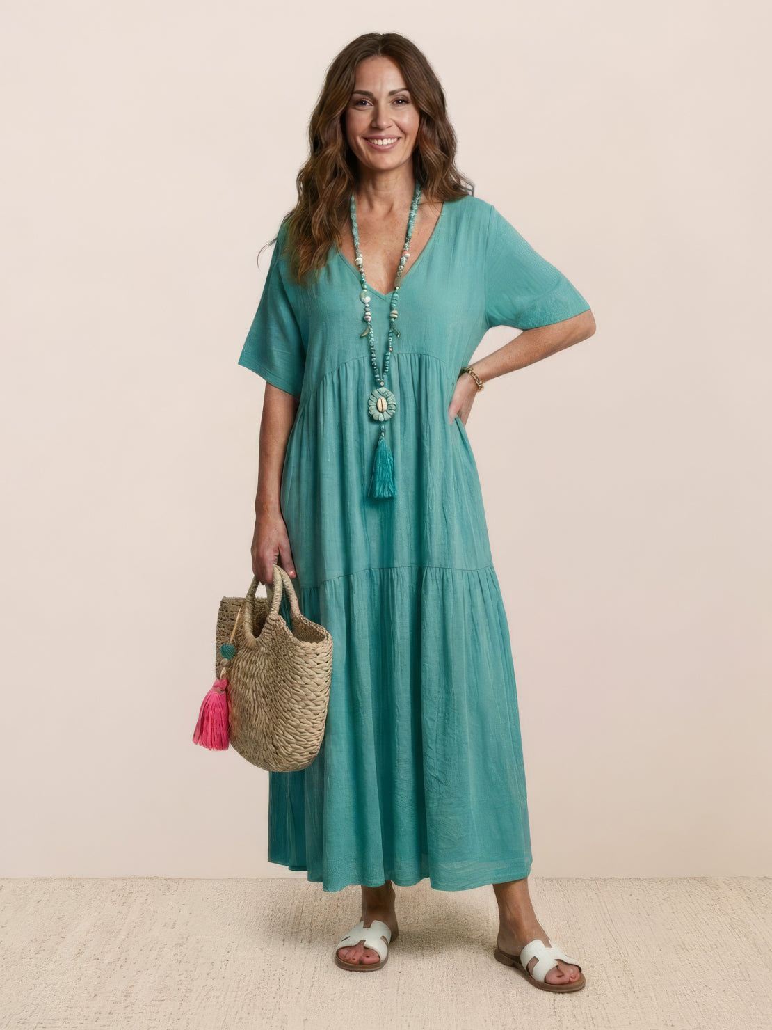 Women's V-Neck Maxi Dress Short Sleeves