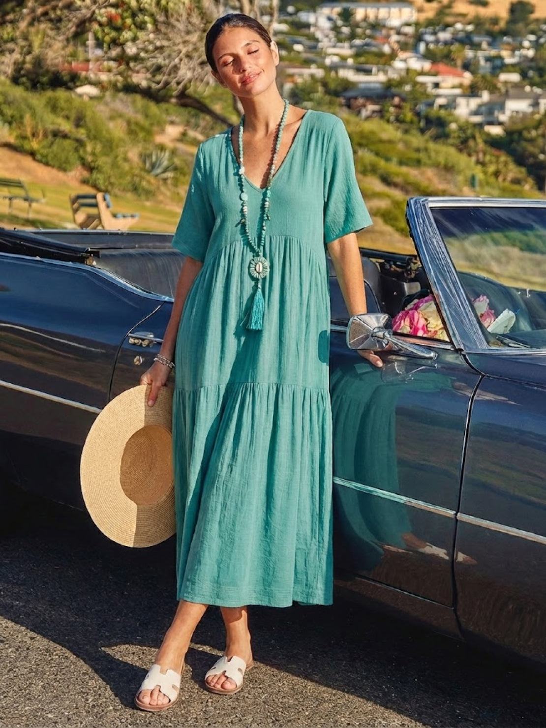 Flowy V-Neck Maxi Dress for Women with Short Sleeves