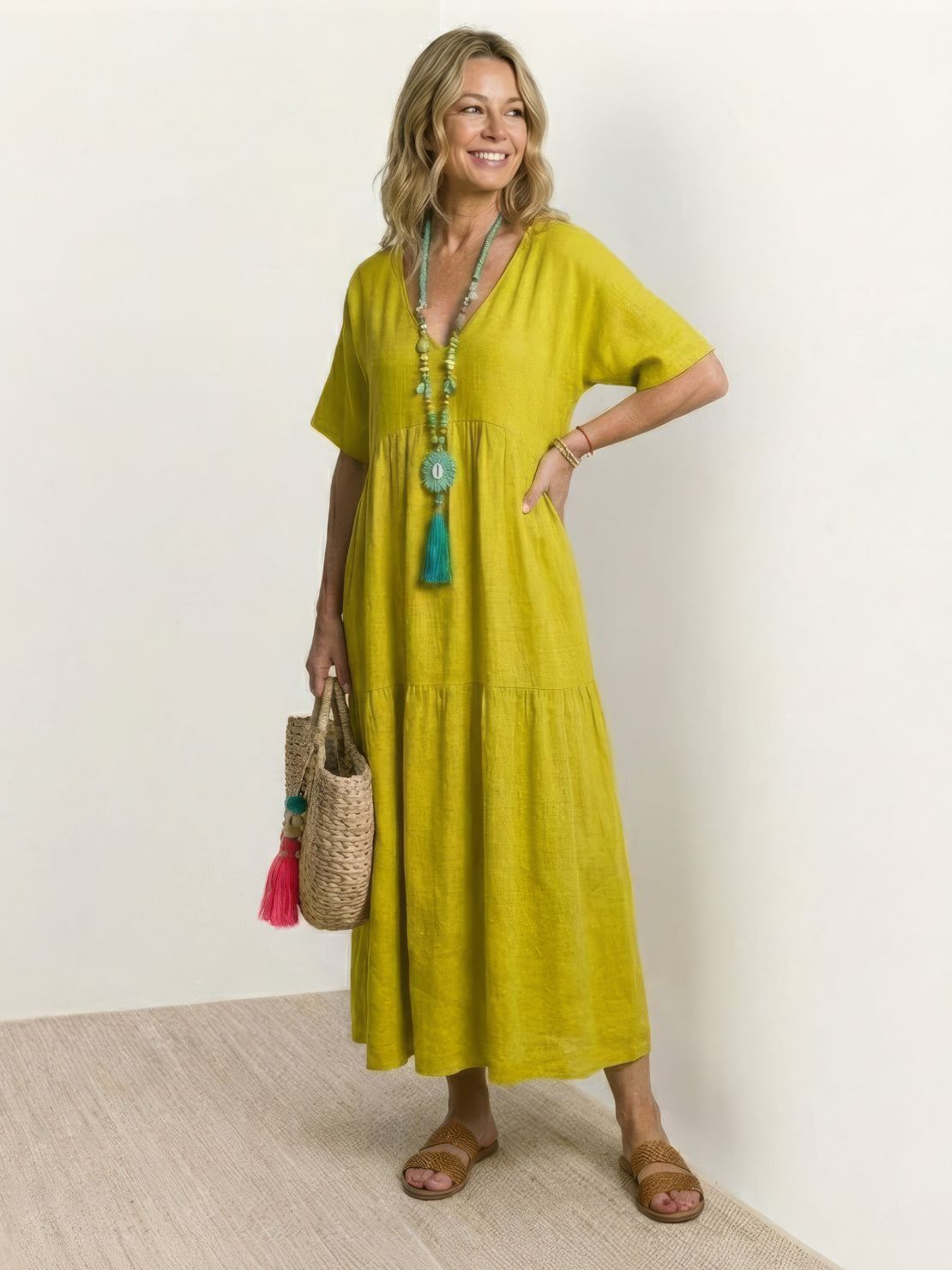 Women's V-Neck Maxi Dress Short Sleeves