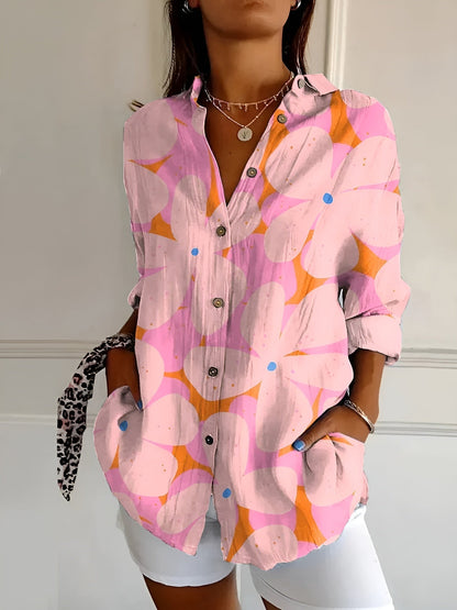 Women's Button Front Blouse Printed Three Quarter Sleeve