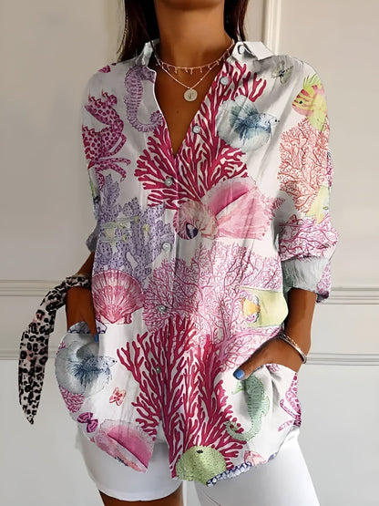 Women's Button Front Blouse Printed Three Quarter Sleeve